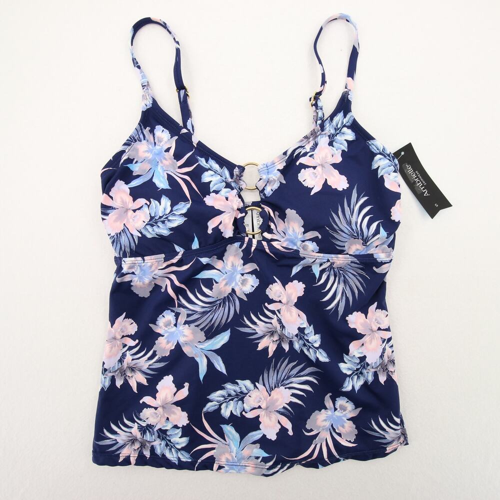 Ambrielle Tankini Top Navy Floral Tropical O Ring Cutout Padded Swim Top Small